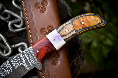 Twist Damascus Skinner Knife with Gut Hook and Hard Wood Handle – 9" Handmade Hunting Knife for Camping with Sheath