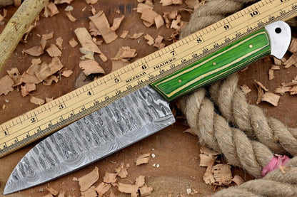 11'' Custom Handmade Damascus Steel Kitchen Chef Knife with Green & White Dollar Sheet Handle & Leather Sheath