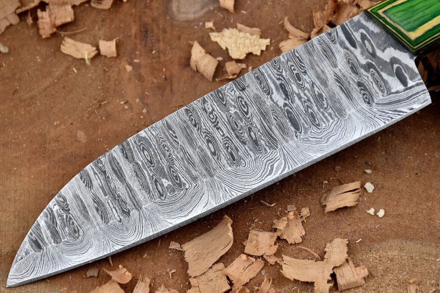 11'' Custom Handmade Damascus Steel Kitchen Chef Knife with Green & White Dollar Sheet Handle & Leather Sheath
