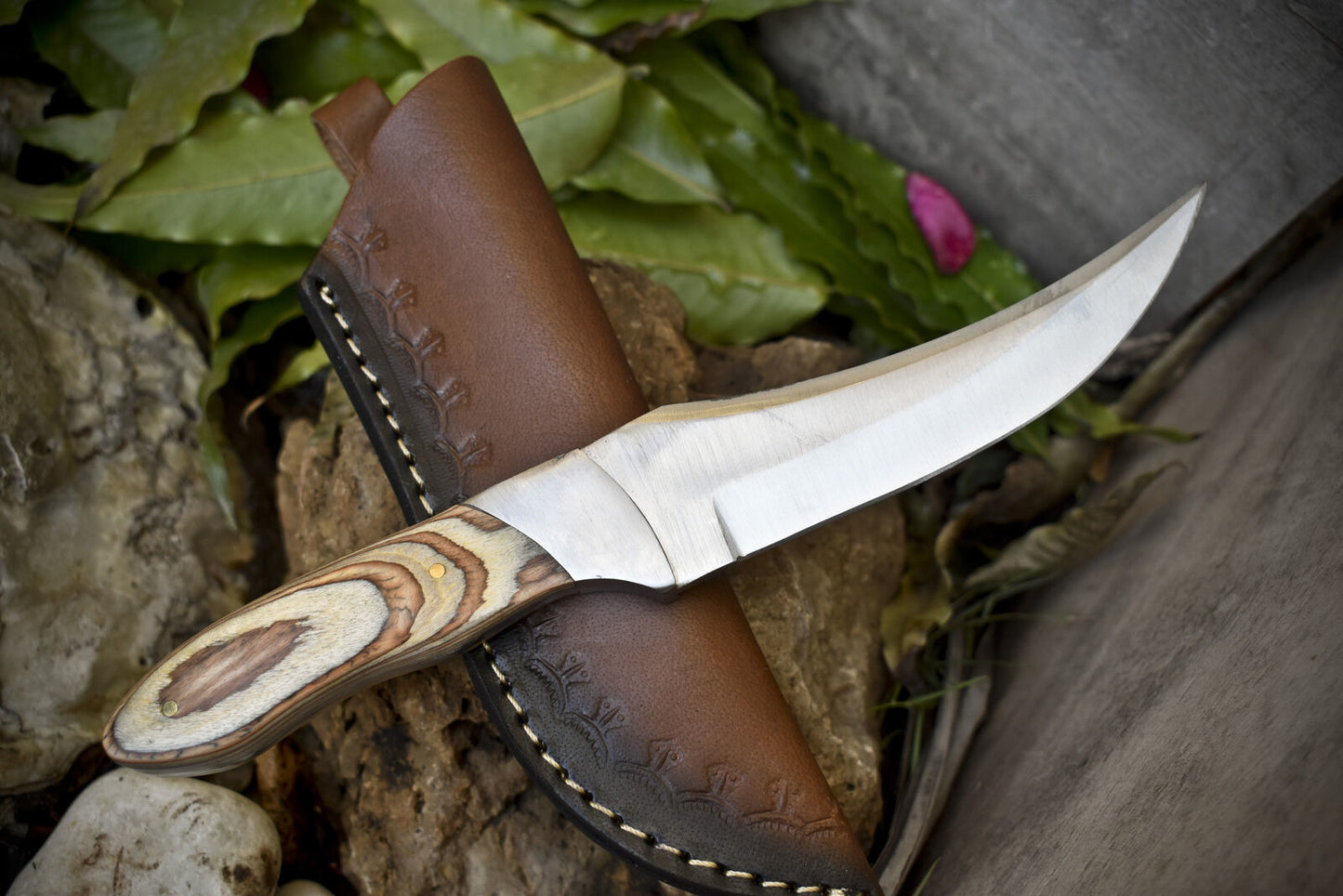 Skinner Knife – ATS-34 Steel, Olive Wood Handle, Decorative Blade