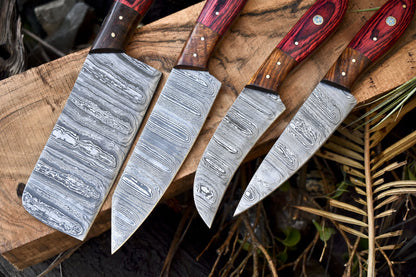 Forged Chef Knife Twist Damascus Hard Wood Wooden Bolster Lot of 4 EDC