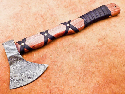 Exclusive Handmade Damascus Steel Battle Axe with Natural Wood Handle and Leather Sheath