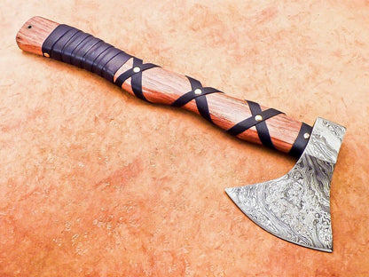 Exclusive Handmade Damascus Steel Battle Axe with Natural Wood Handle and Leather Sheath