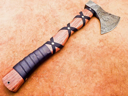 Exclusive Handmade Damascus Steel Battle Axe with Natural Wood Handle and Leather Sheath