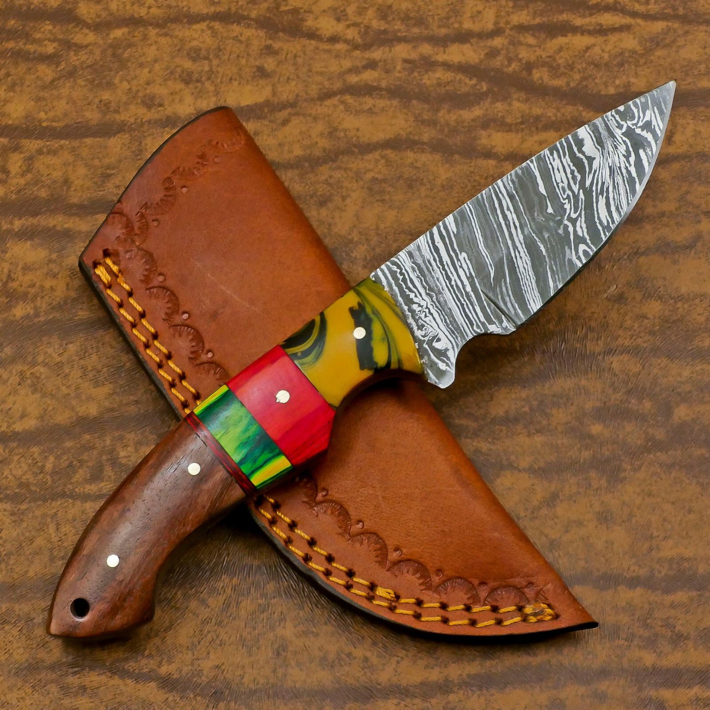Custom Handmade Damascus Skinner Knife with Resin Wood Handle – EDC Hunting Blade