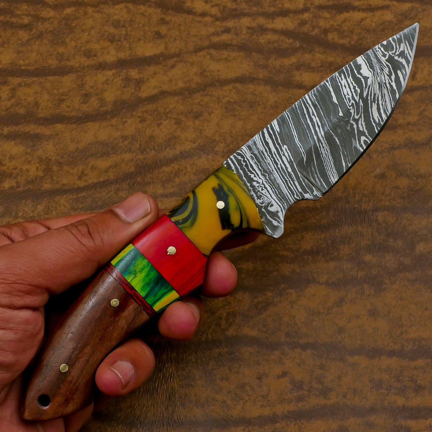 Custom Handmade Damascus Skinner Knife with Resin Wood Handle – EDC Hunting Blade