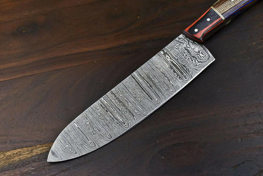 Handmade Wild Life Damascus Steel Hunting & Chef Knife with Hard Wood Handle, 7.6-Inch Blade, 13.4-Inch Overall, Wooden Bolster, Full Tang, Oil-Tempered 58-60 HRC