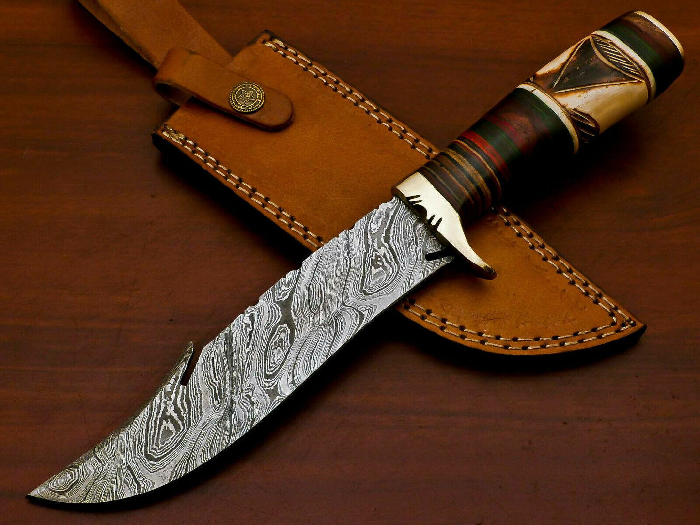 Handmade Damascus Custom Burn Camel Bone & Pakka Wood Bowie Hunting Knife – 12" Hunting Knife with Brass Guard
