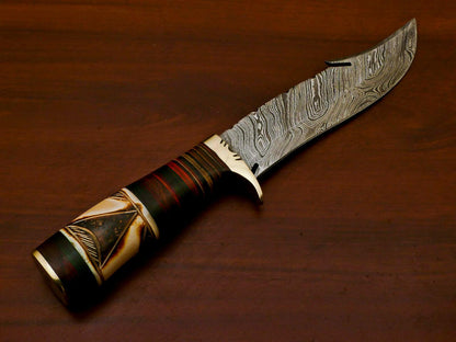 Handmade Damascus Custom Burn Camel Bone & Pakka Wood Bowie Hunting Knife – 12" Hunting Knife with Brass Guard