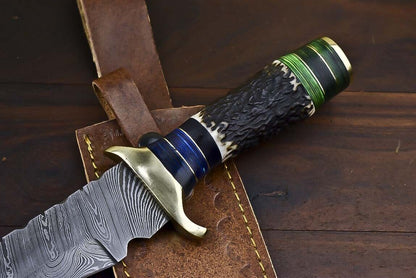 15 Inch Handmade Damascus Steel Bowie Knife with Stag Antler Handle