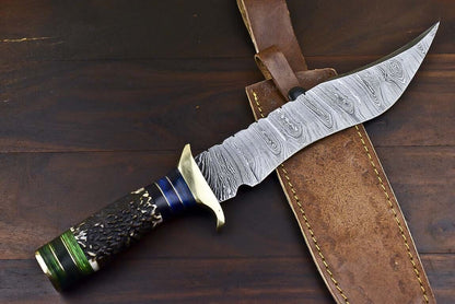 15 Inch Handmade Damascus Steel Bowie Knife with Stag Antler Handle