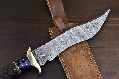 15 Inch Handmade Damascus Steel Bowie Knife with Stag Antler Handle
