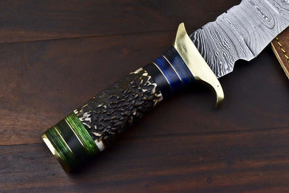 15 Inch Handmade Damascus Steel Bowie Knife with Stag Antler Handle