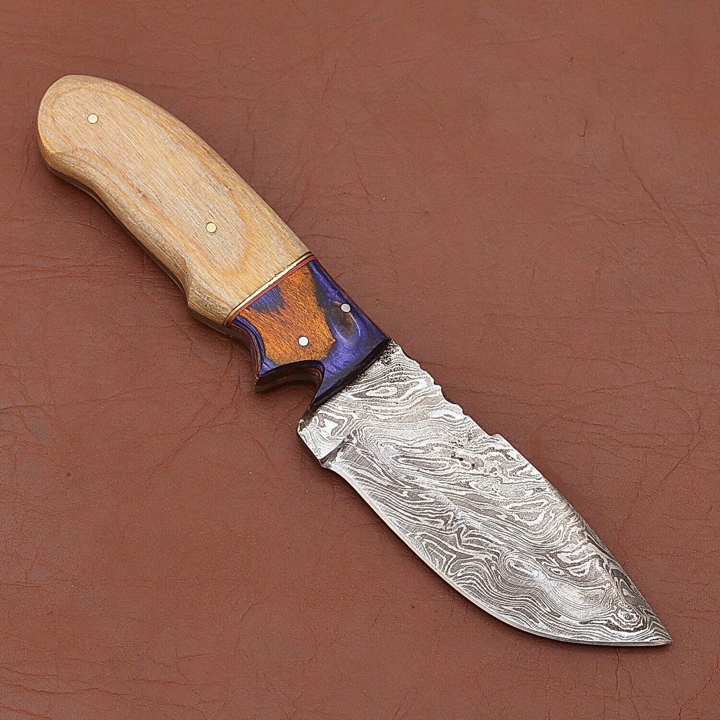 8" Handmade Damascus Skinner Knife with Wood Handle for Hunting and Camping