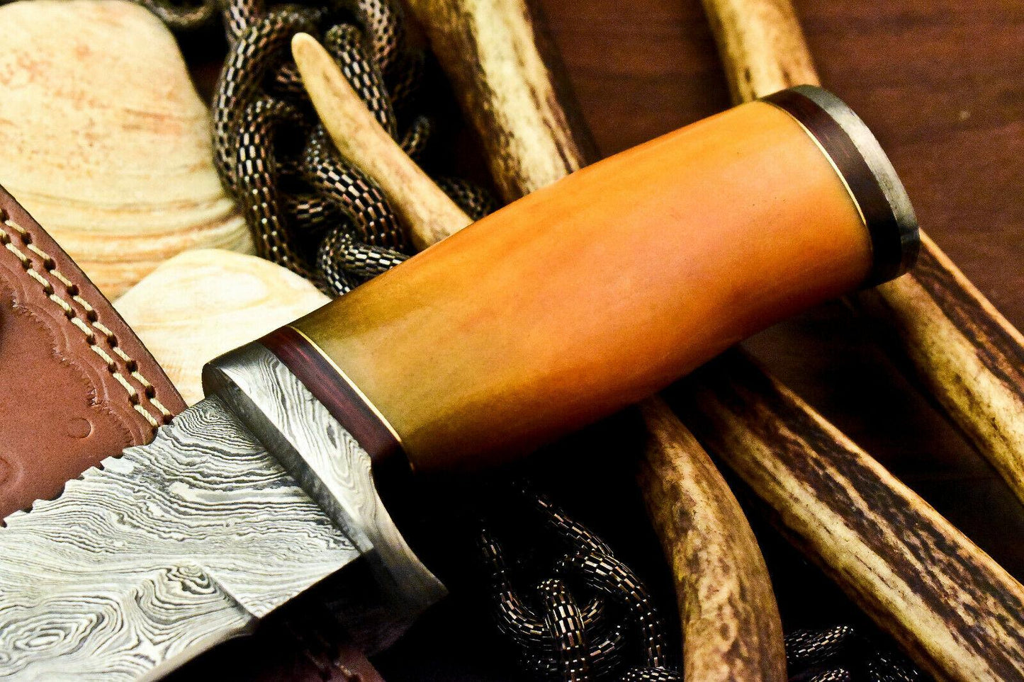 11" Handmade Damascus Bowie Knife – Camel Bone Handle with Leather Sheath