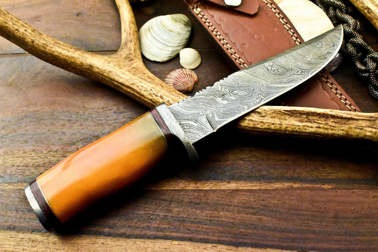 11" Handmade Damascus Bowie Knife – Camel Bone Handle with Leather Sheath