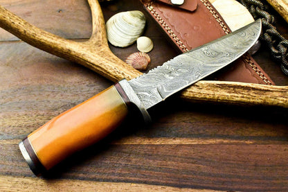 11" Handmade Damascus Bowie Knife – Camel Bone Handle with Leather Sheath