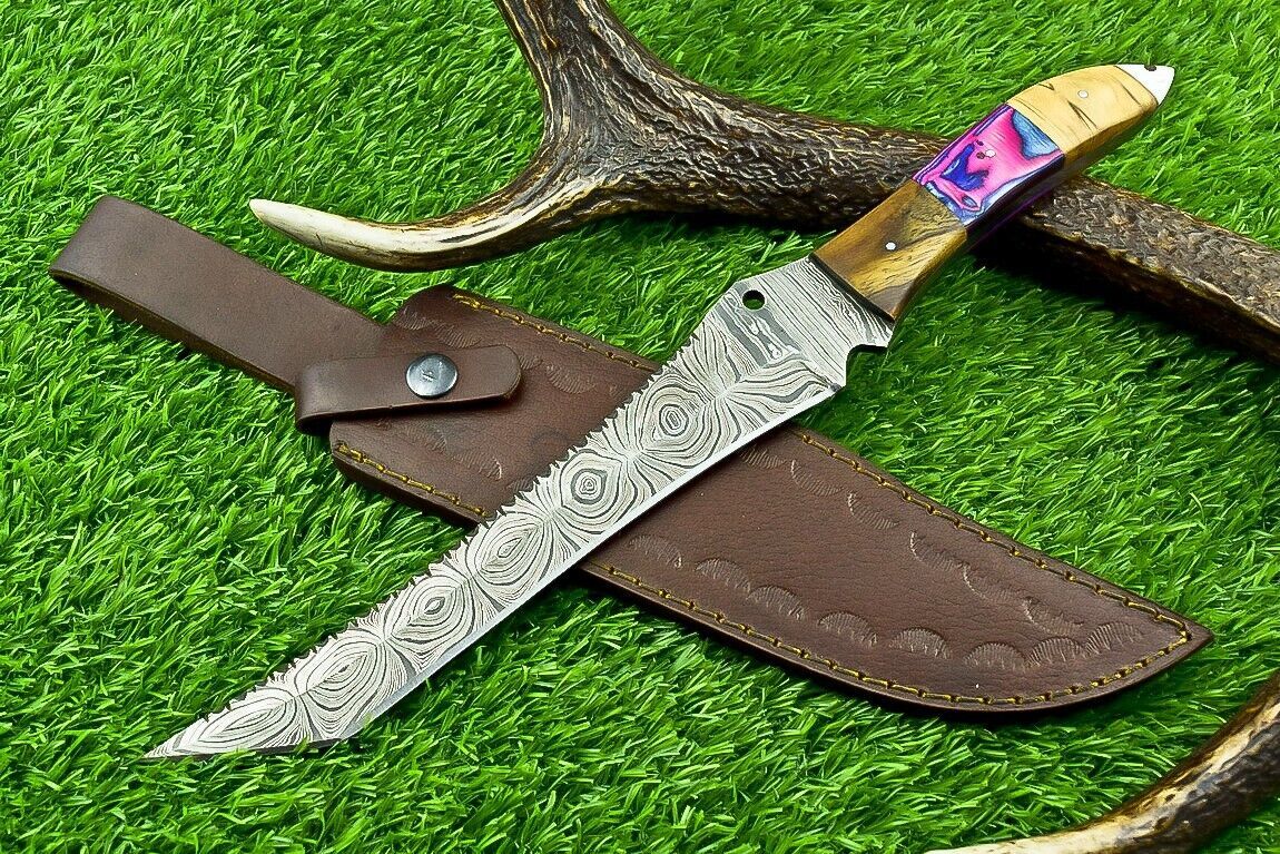 14 Inch Damascus Steel Bowie Knife with Natural Wood Handle