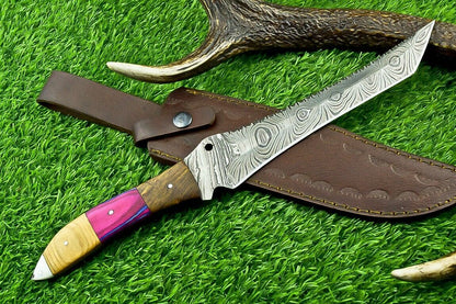 14 Inch Damascus Steel Bowie Knife with Natural Wood Handle