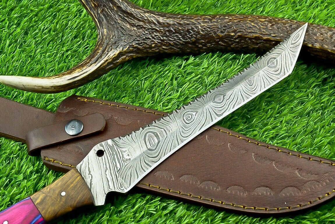 14 Inch Damascus Steel Bowie Knife with Natural Wood Handle