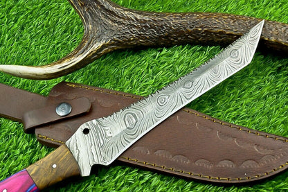 14 Inch Damascus Steel Bowie Knife with Natural Wood Handle