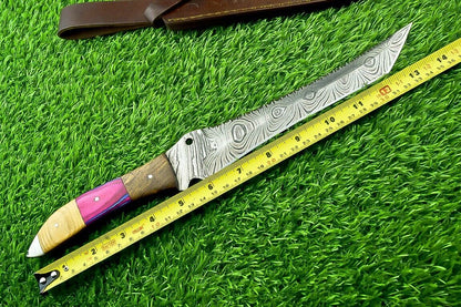 14 Inch Damascus Steel Bowie Knife with Natural Wood Handle