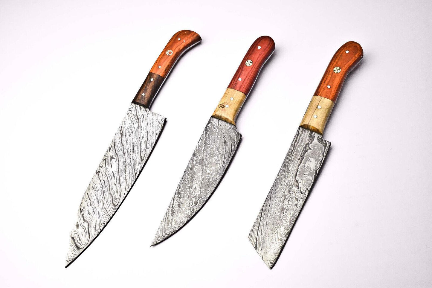 Set of 3 Handmade Damascus Steel Chef Knives – Full Tang Kitchen Cutlery