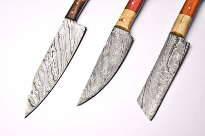 Set of 3 Handmade Damascus Steel Chef Knives – Full Tang Kitchen Cutlery
