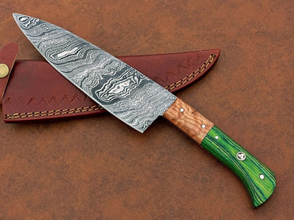 Custom Hand Forged Damascus Chef Knife Camping & Kitchen Knife with Leather Sheath – Gift