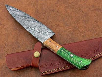 Custom Hand Forged Damascus Chef Knife Camping & Kitchen Knife with Leather Sheath – Gift