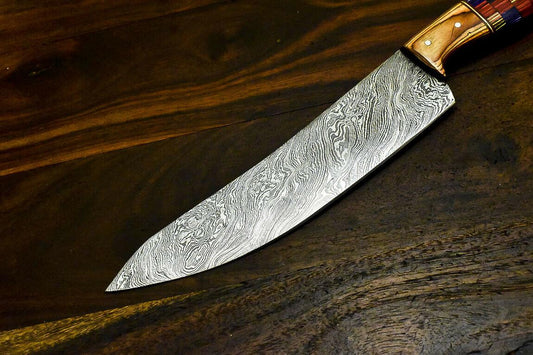 Custom Handmade Damascus Steel Hunting Chef Knife – Olive Wood Handle, 11.6"