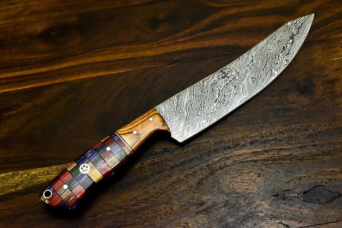 Custom Handmade Damascus Steel Hunting Chef Knife – Olive Wood Handle, 11.6"