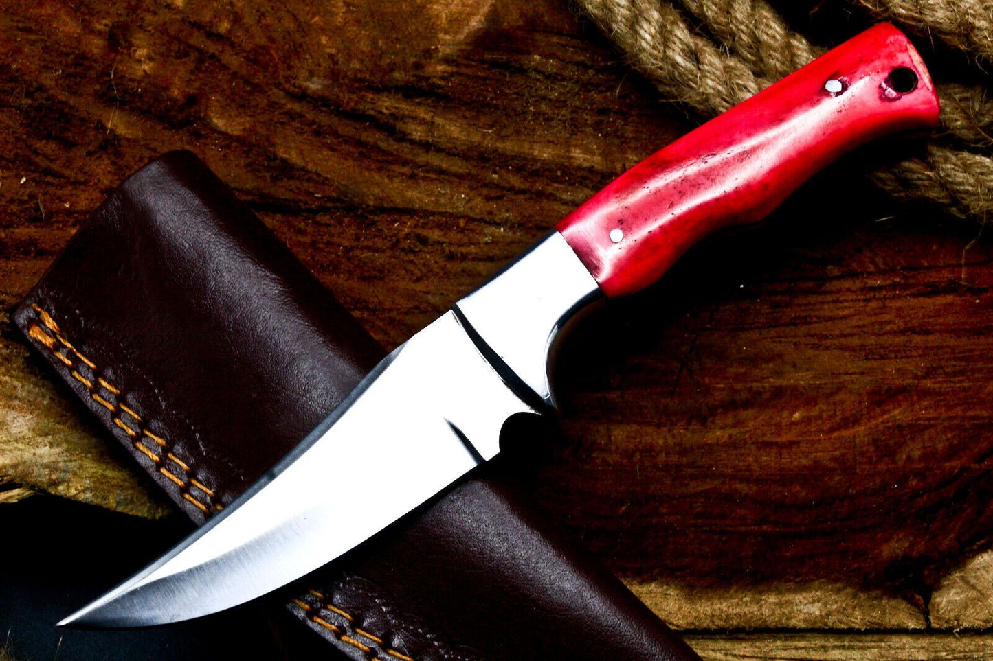 8" Handmade D2 Steel Skinner Knife | Camel Bone Handle Full Tang Hunting EDC + Sheath