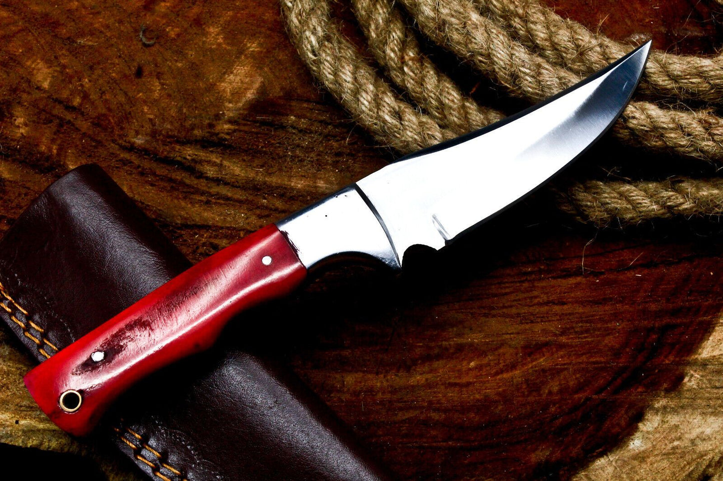 8" Handmade D2 Steel Skinner Knife | Camel Bone Handle Full Tang Hunting EDC + Sheath