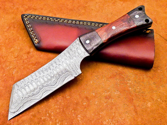 Red rosewood burl center with dark hardwood ends and steel pins