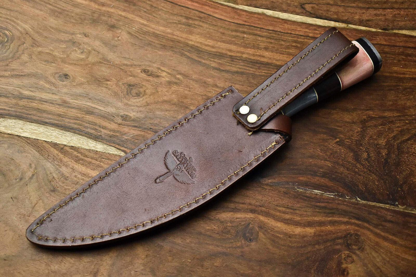 Heritage Forge 12 Inch Handmade Damascus Bowie Knife with Camel Bone Handle