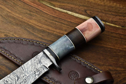 Heritage Forge 12 Inch Handmade Damascus Bowie Knife with Camel Bone Handle