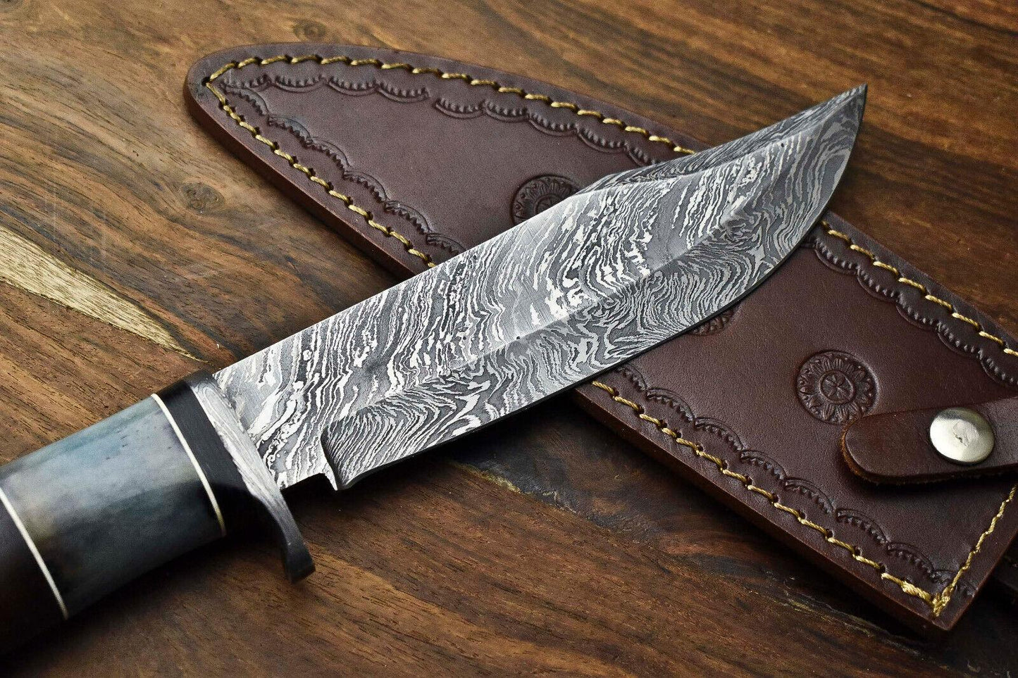 Heritage Forge 12 Inch Handmade Damascus Bowie Knife with Camel Bone Handle