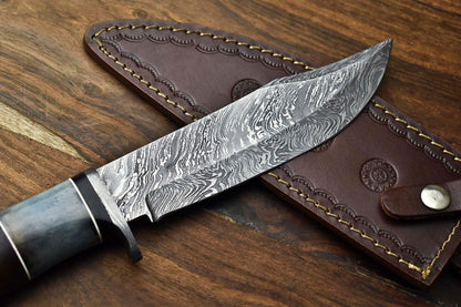 Heritage Forge 12 Inch Handmade Damascus Bowie Knife with Camel Bone Handle