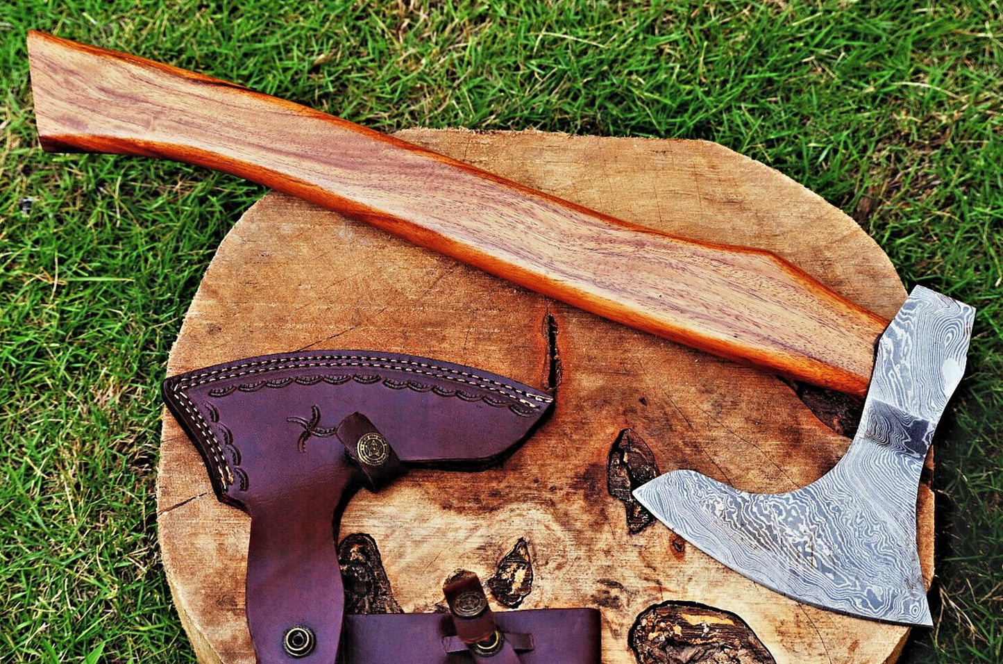 Handmade Axe Hatchet Tomahawk Wood Handle | Hand Forged Damascus Steel Twist Pattern – 17.5-Inch Viking Axe with Leather Sheath