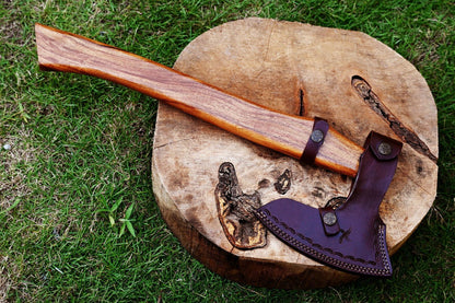 Handmade Axe Hatchet Tomahawk Wood Handle | Hand Forged Damascus Steel Twist Pattern – 17.5-Inch Viking Axe with Leather Sheath