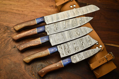 Lot Of 5 Handmade Damascus Steel Blade Chef Knife Set – 100% Forged, Hammered Kitchen Knives