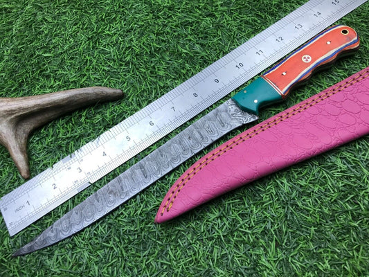 14" Hand Forged Damascus Fillet Knife Premium Damascus Steel Knife W/Sheath