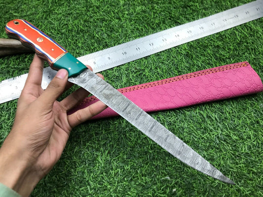 14" Hand Forged Damascus Fillet Knife Premium Damascus Steel Knife W/Sheath