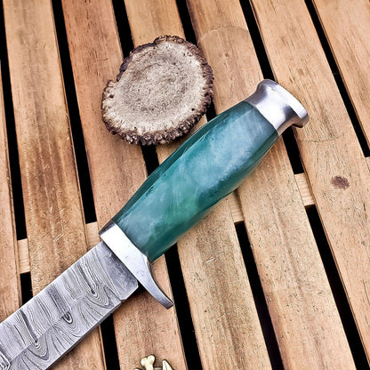 14" Damascus Hunting Knife – Resin Handle, Outdoor Fixed Blade