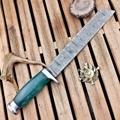 14" Damascus Hunting Knife – Resin Handle, Outdoor Fixed Blade