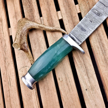 14" Damascus Hunting Knife – Resin Handle, Outdoor Fixed Blade