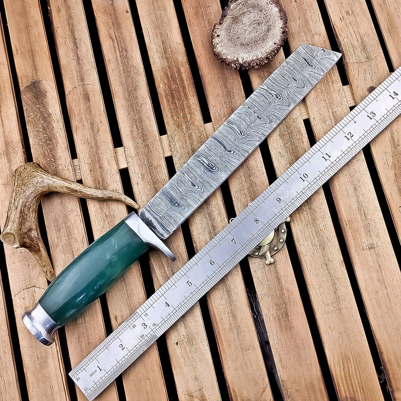 14" Damascus Hunting Knife – Resin Handle, Outdoor Fixed Blade
