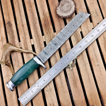 14" Damascus Hunting Knife – Resin Handle, Outdoor Fixed Blade