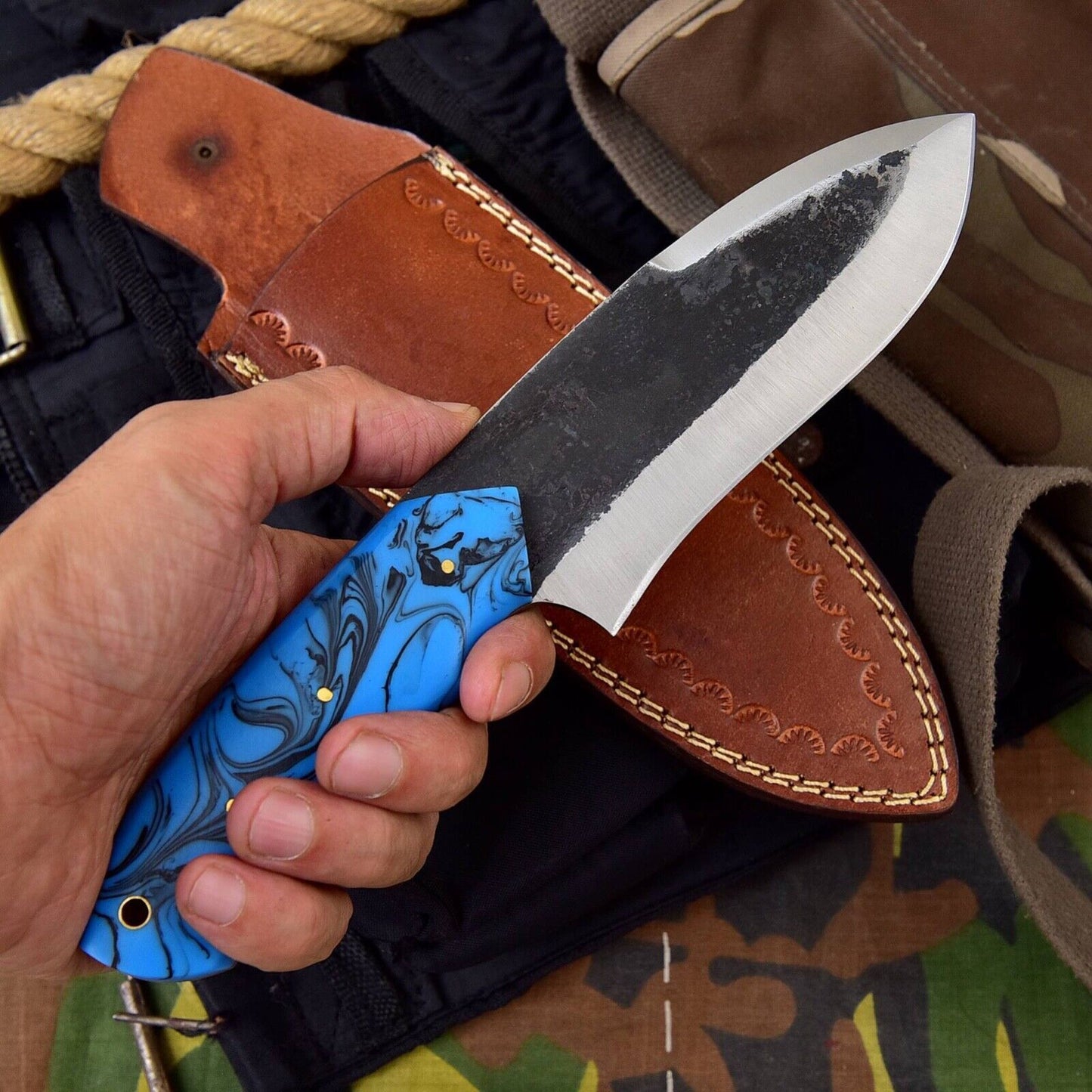 Handmade Full Tang Real File Hunting Knife with Leather Sheath Custom Bull Cutter Knife